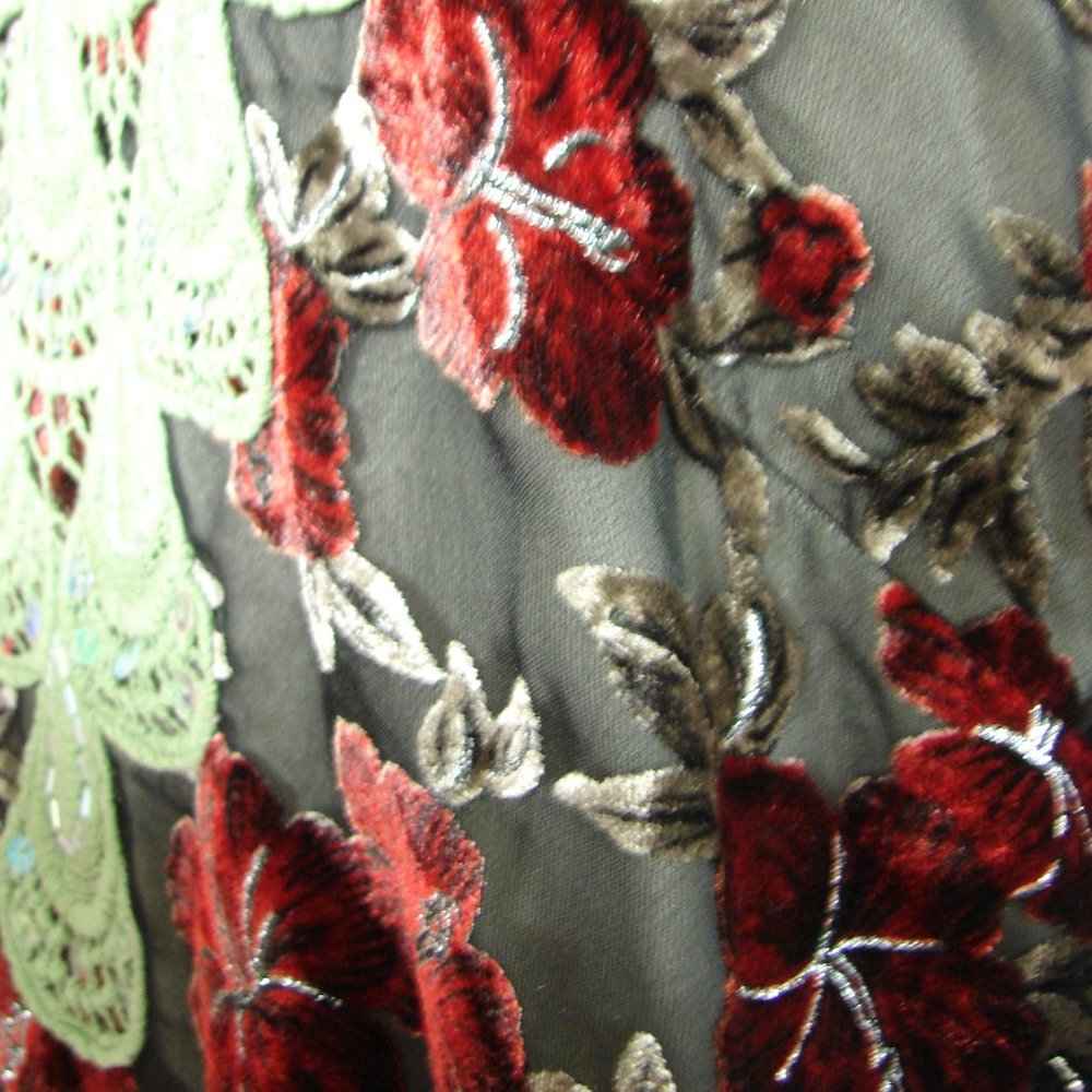 Floral Velvet Burn Out Burgundy Green Lace Dress L - Picture 13 of 16